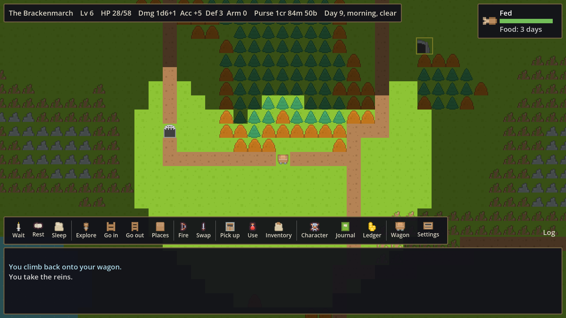 The world map with the player's wagon